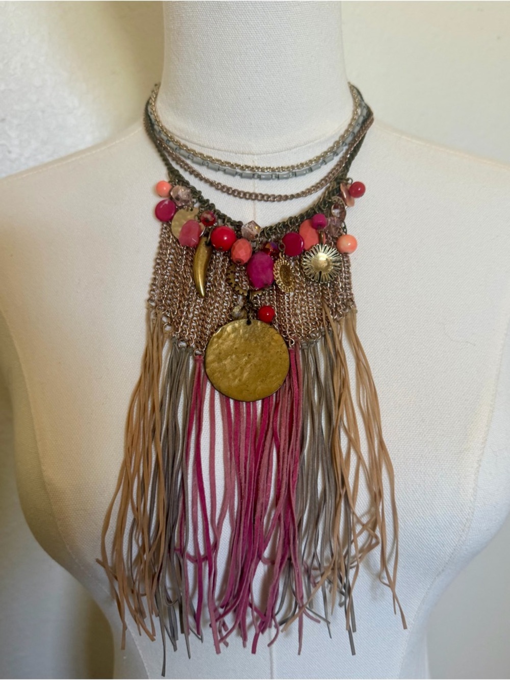 Boho Fringe Statement Necklace in Pink and Tan